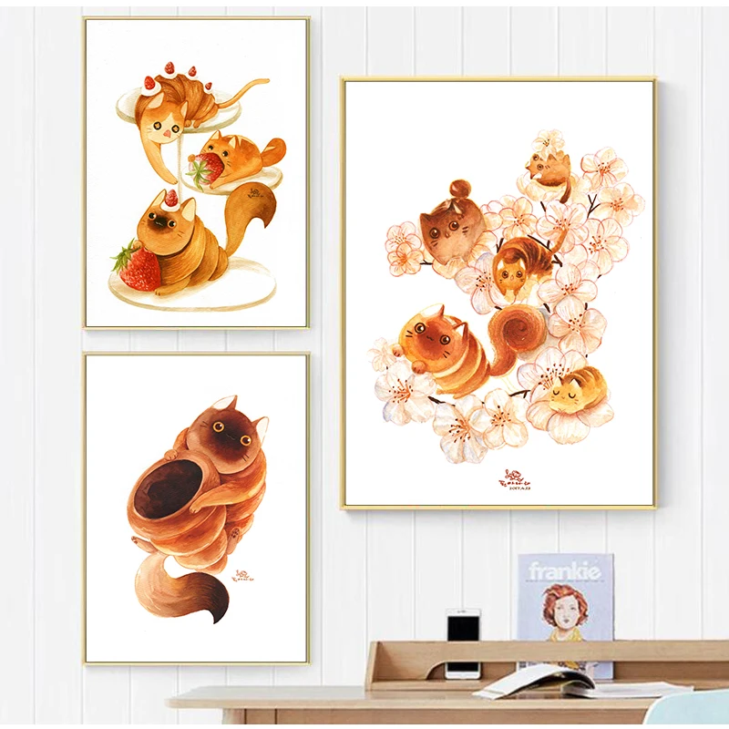 Мультяшная Толстая кошка поедать Картина на холсте принты и плакаты картина для