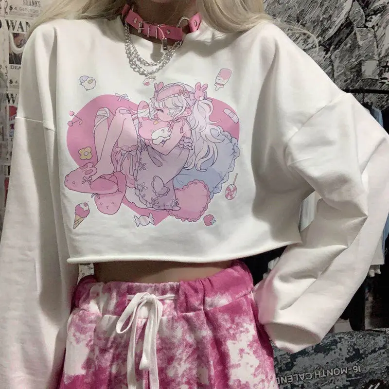 

Harajuku kawaii cute cartoon anime girl printed t-shirt long sleeve white tshirts women sweet tops loose pullovers woman clothes