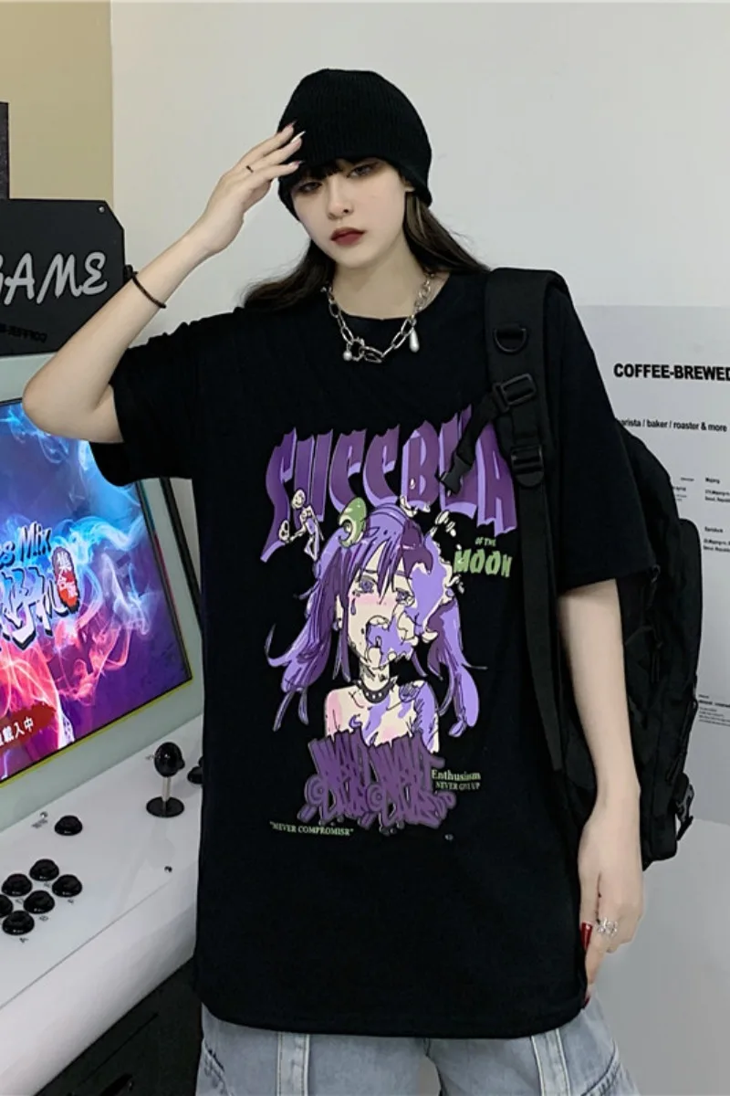 

WHOHOLL Women Gothic T-shirt Harajuku Anime Cartoon Printed T-shirt For Women's New Summer 2021 Hip Hop Loose Short Sleeve Top