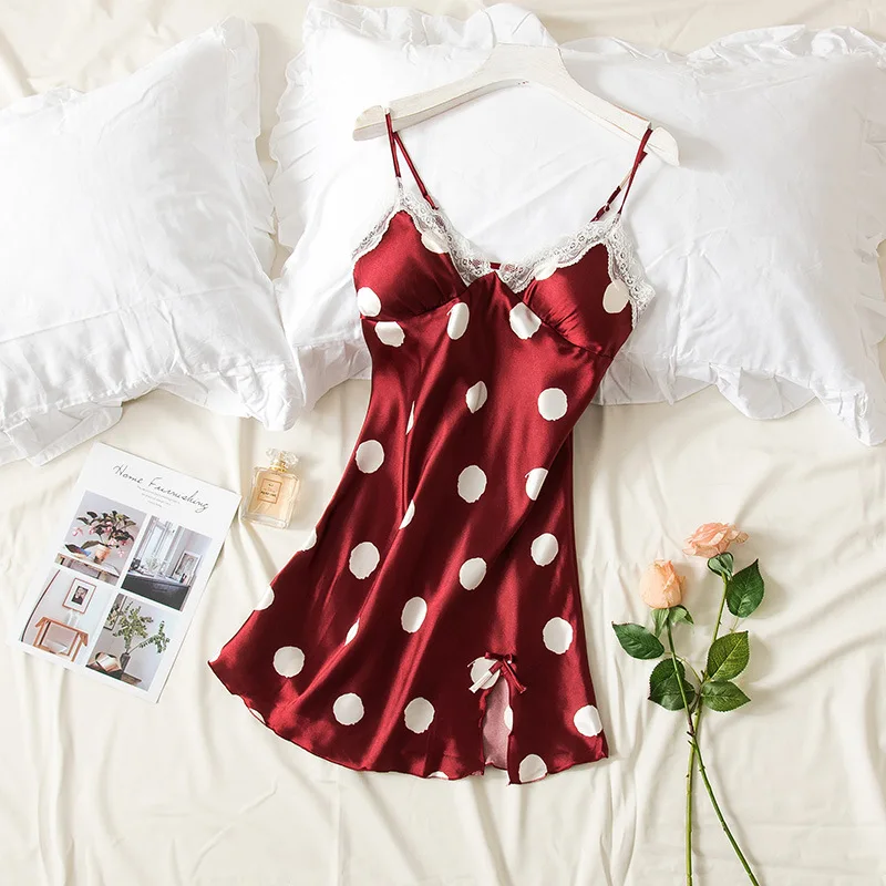 

Women's V Neck Lace Sling Pajamas Fashionable Dots Ice Silk Homewear Sleepshirts