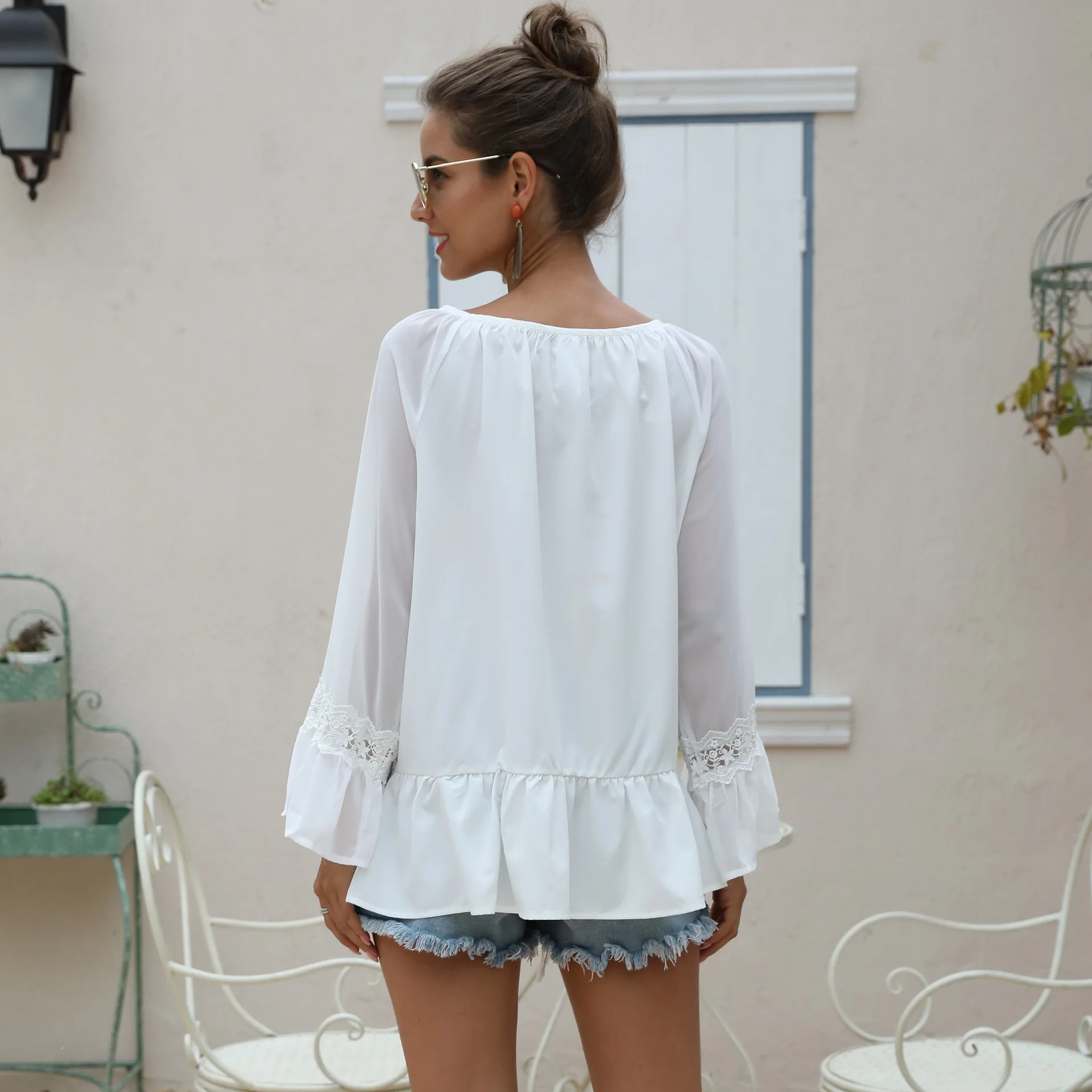 

Women Lace Flower Chiffon Blouses Lady Office Solid Vintage Shirt Womens Flare Sleeve Casual White Shirts Hot Sale