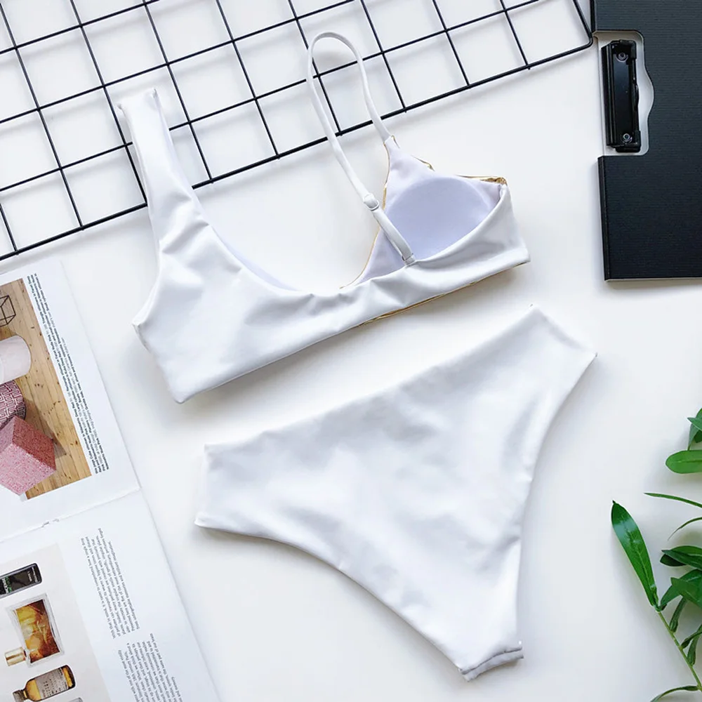 Женский костюм для плавания золотистое и белое Бразильское бикини на молнии