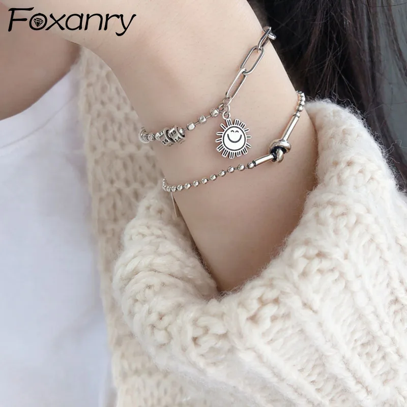 

FOXANRY Silver Color Splicing Chain Bracelets Couples Smiley Face Accessories Fashion Vintage Knot Design Party Jewelry