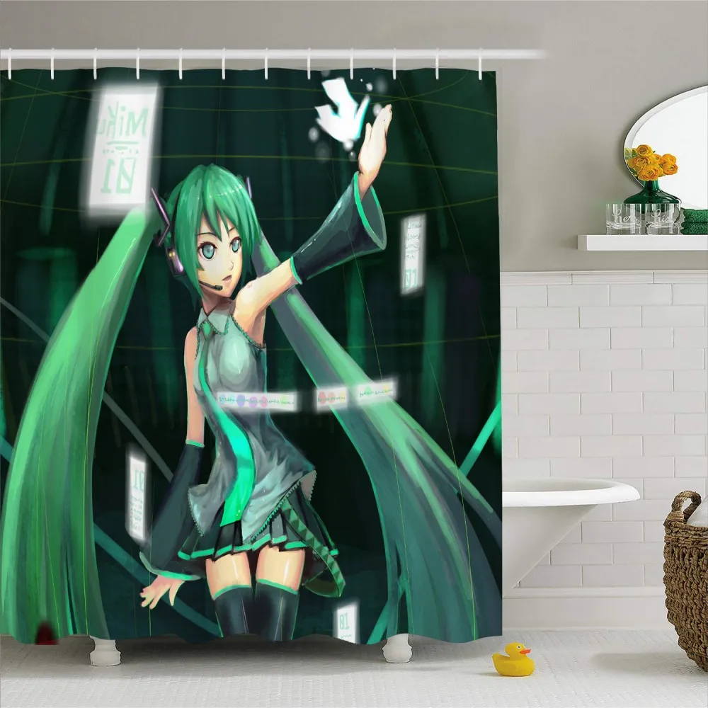 Реалистичные Janpanese аниме Hatsune Miku девушка Ванная Комната Занавески для ванной водонепроницаемый дизайнерская полиэфирная ткань занавески для душа с крючками - Цвет: Color-3