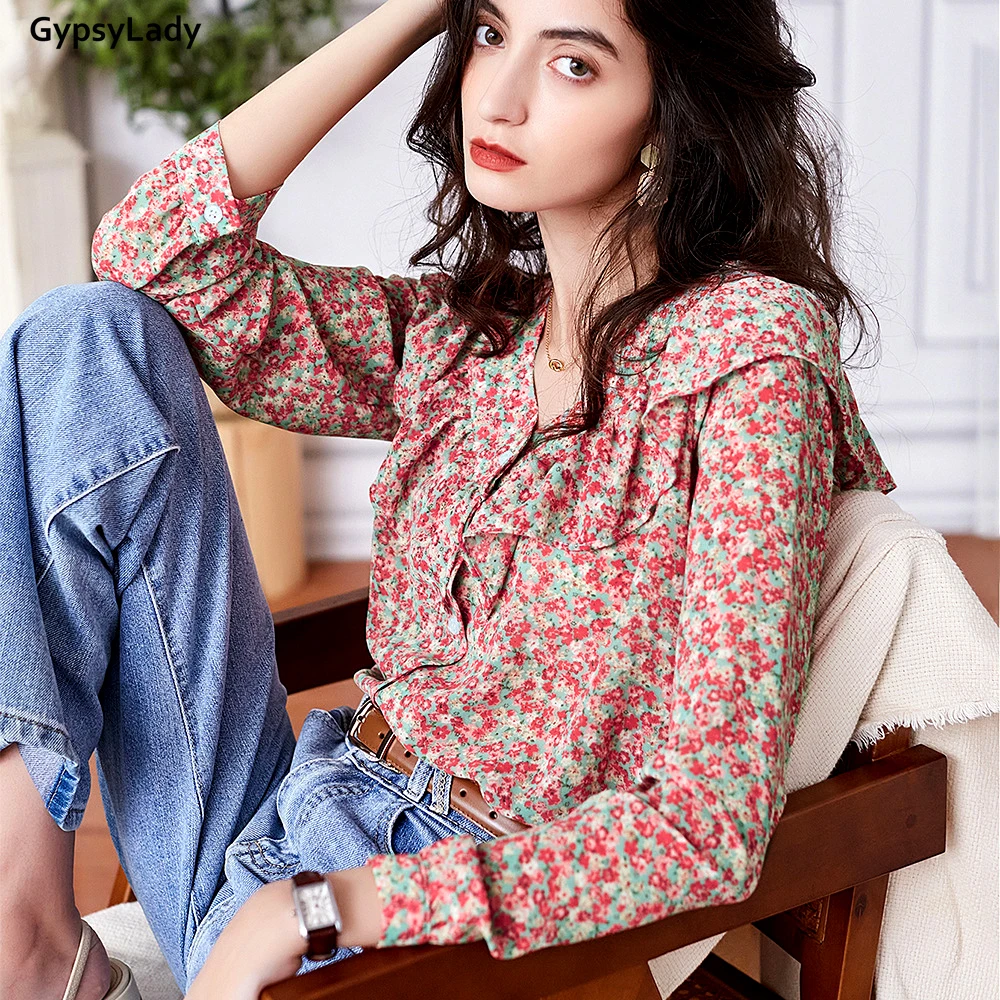

GypsyLady Floral Printed Blouse Shirt Casual Chic Office Blouse Tops Long Sleeve Button Front Pink Women Ladies Female Top Shirt