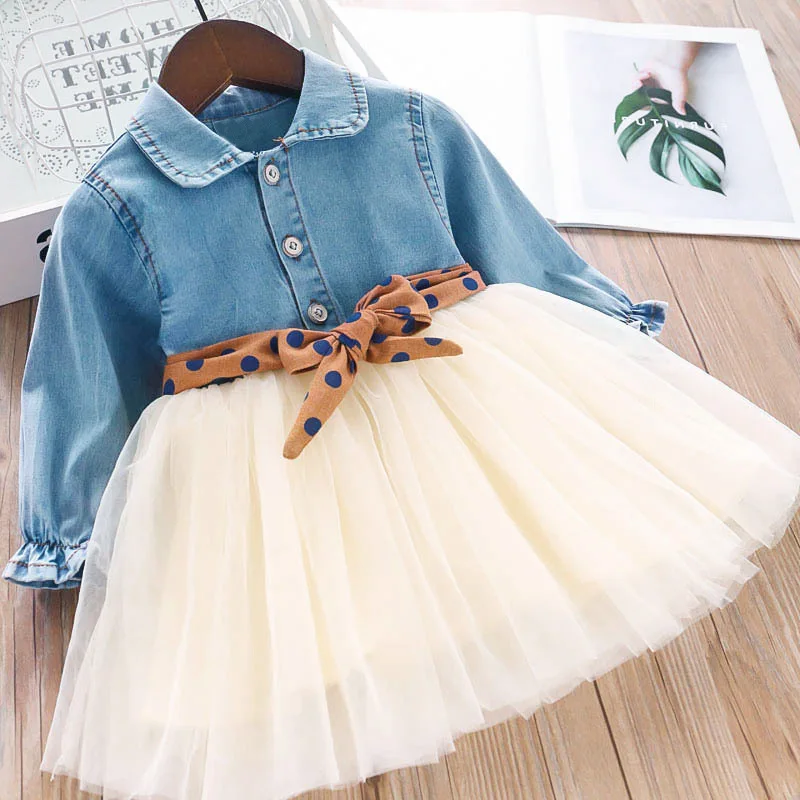 

2021 new Korean style dress girls middle and children fashion long-sleeved denim polka dot belt spring and autumn dresses
