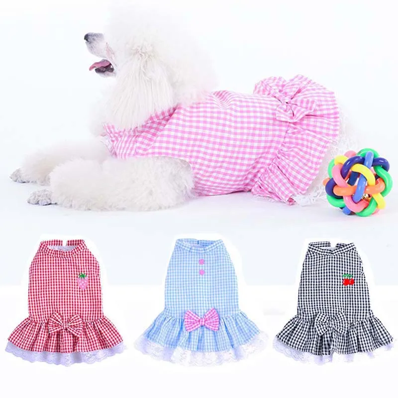 Платье с бантом для щенка Классическая клетчатая кружевная юбка принцессы