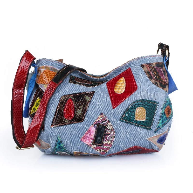 

GINYEZI Fashion women's bag luxury designer jeans messenger bag denim with leather contrast patch dumpling bag