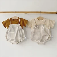 newborn summer baby romper baby boy clothes solid tee plaid bodysuits with hat infant girls clothing twins clothes 0 3y overalls