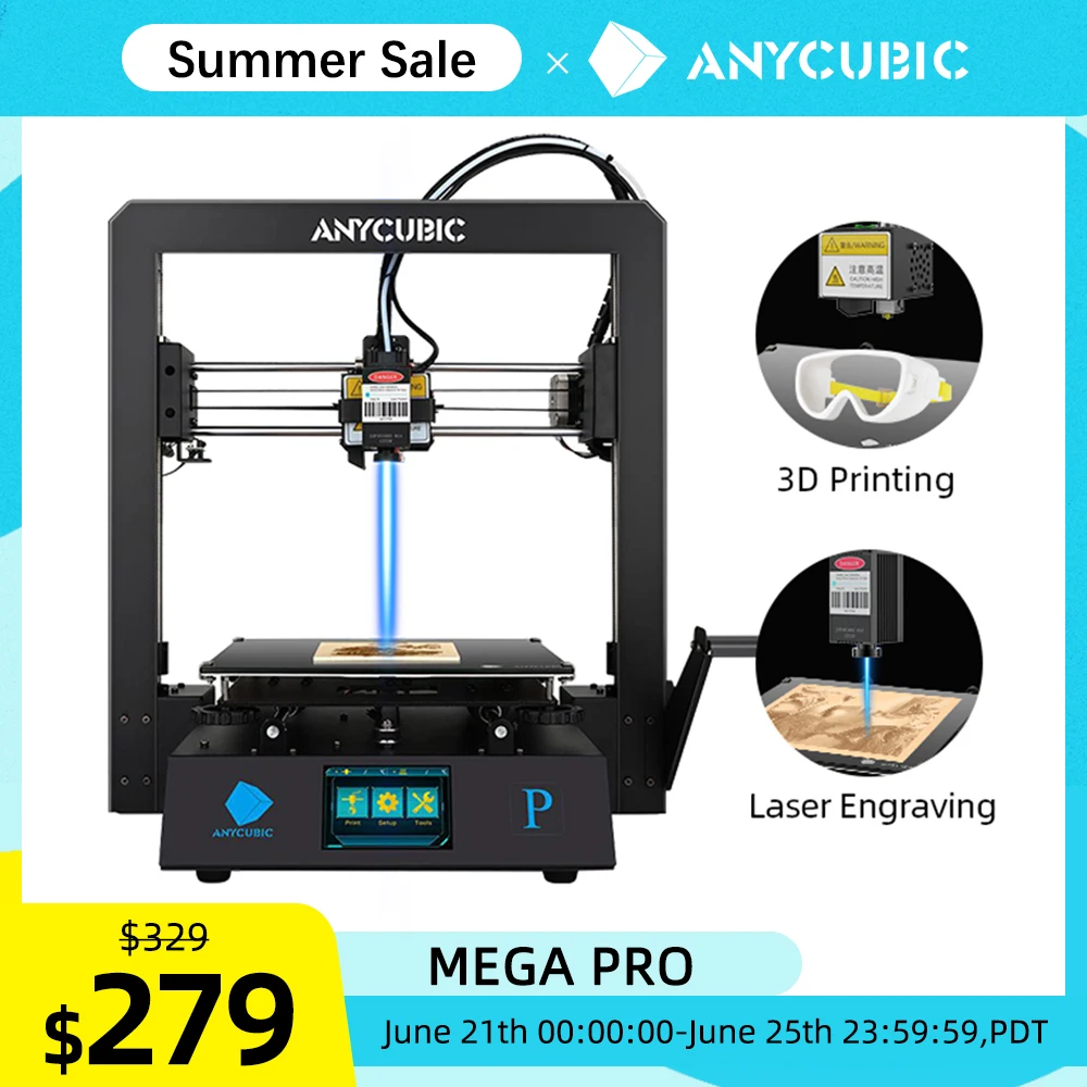 3D принтер ANYCUBIC Mega Pro лазерная гравировка 2 в 1 металлическая рама обновленный