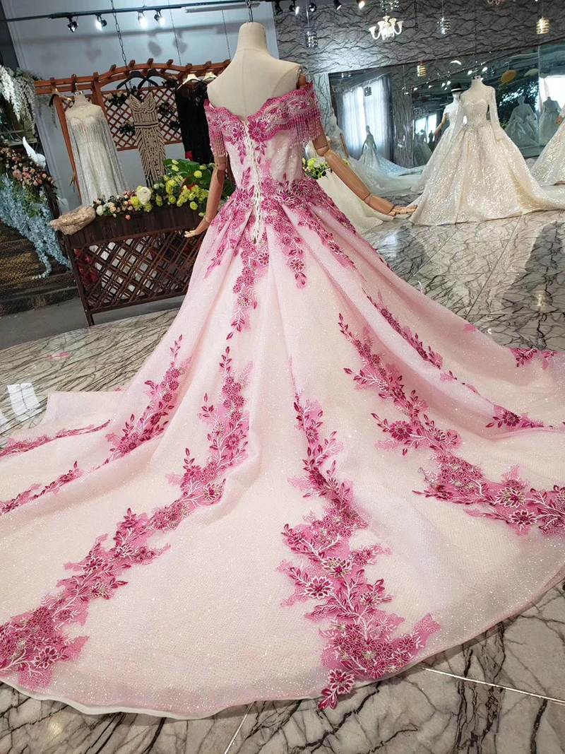 BGW 3230ht A-line Pink Evening Dress 2020 Flower Off The Shoulder Beaded Tassel Lace Up Back Lace Evening Formal Dress For Women