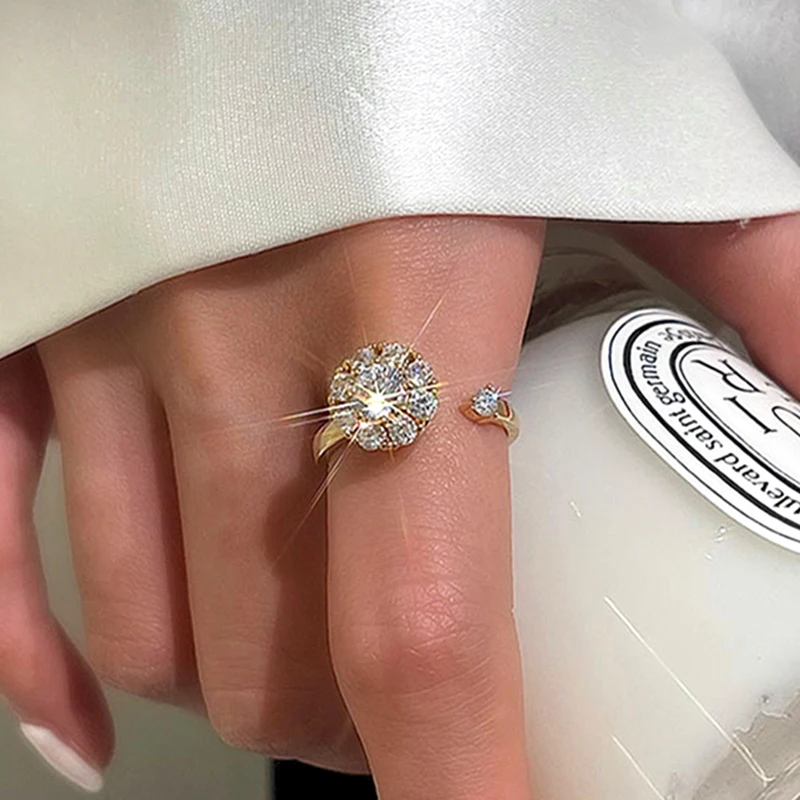 

Trendy Creativity 14k Real Gold Rotatable Circular Opening Rings for Women Adjustable Design High Jewelry Bling AAA Zircon Party