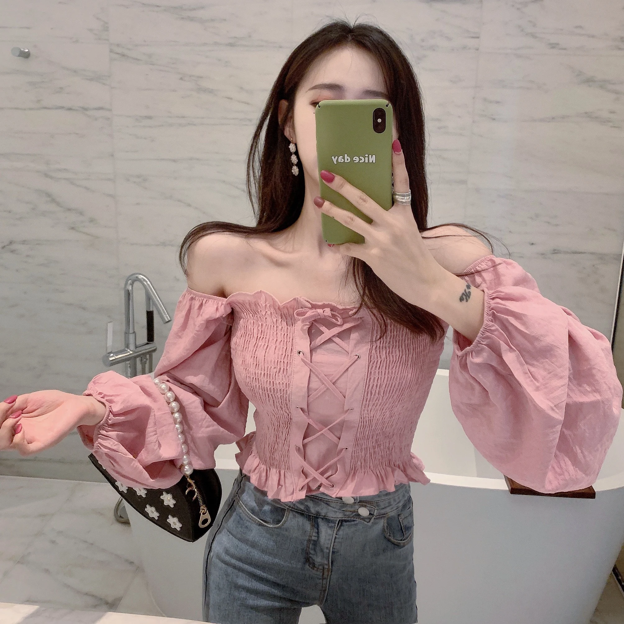 Hi Girl Весенняя винтажная пикантная блузка с вырезом лодочкой и открытыми плечами