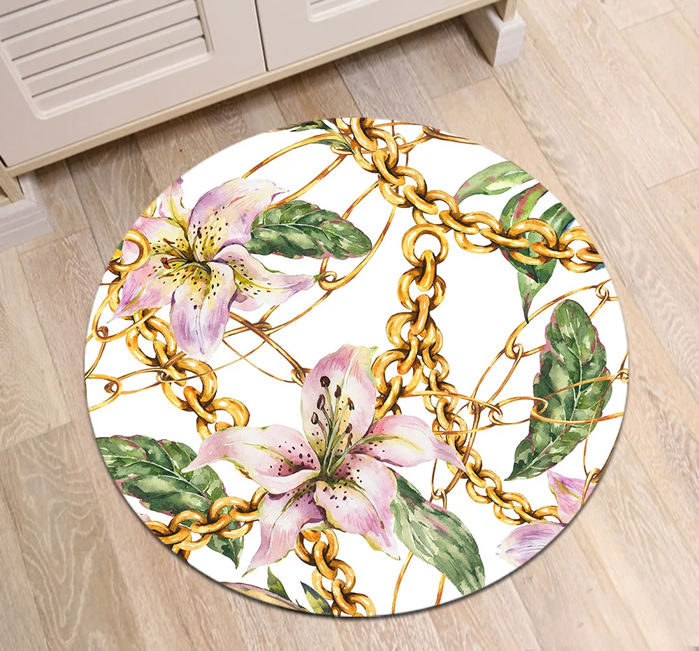 Нордический круглый ковер Акварельная золотая цепочка с цветами лилии ювелирные