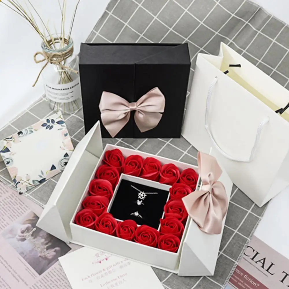 

Gift Box Eternal Life Rose Box Magnetic Square Double Door Bowknot Design Valentine's Day Packaging Case Jewerly Box Organizer