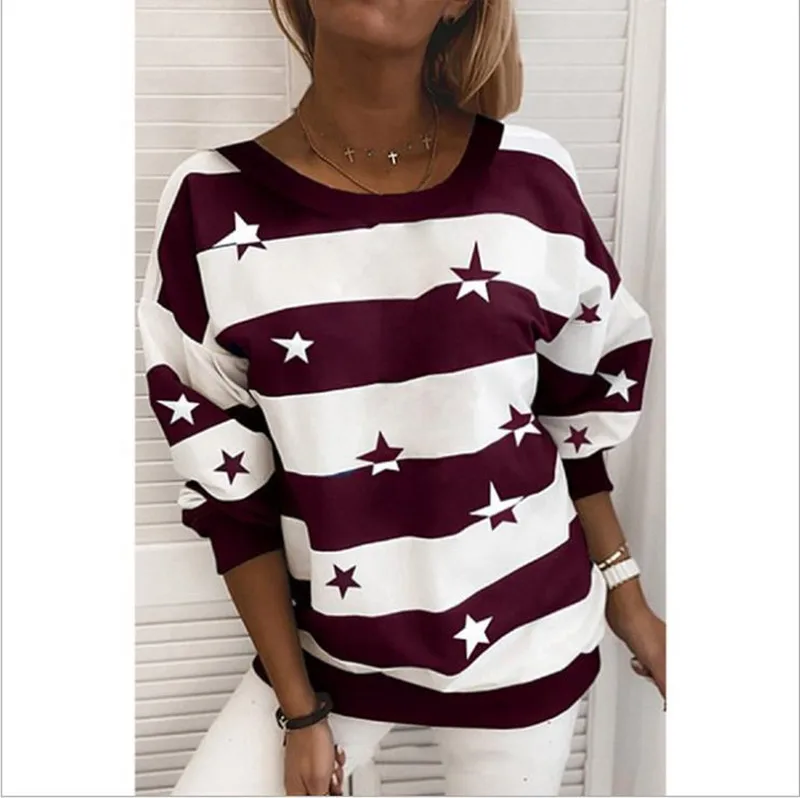 

2020 Round Neck Stripe Printed Long Sleeve Top Loose Sweatershirts Grey Black Wine Red Pullovers