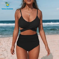 beachsissi womens solid bikini set new twist front tie back swimwear high waist rucjed bottom swimming bathing swimsuit