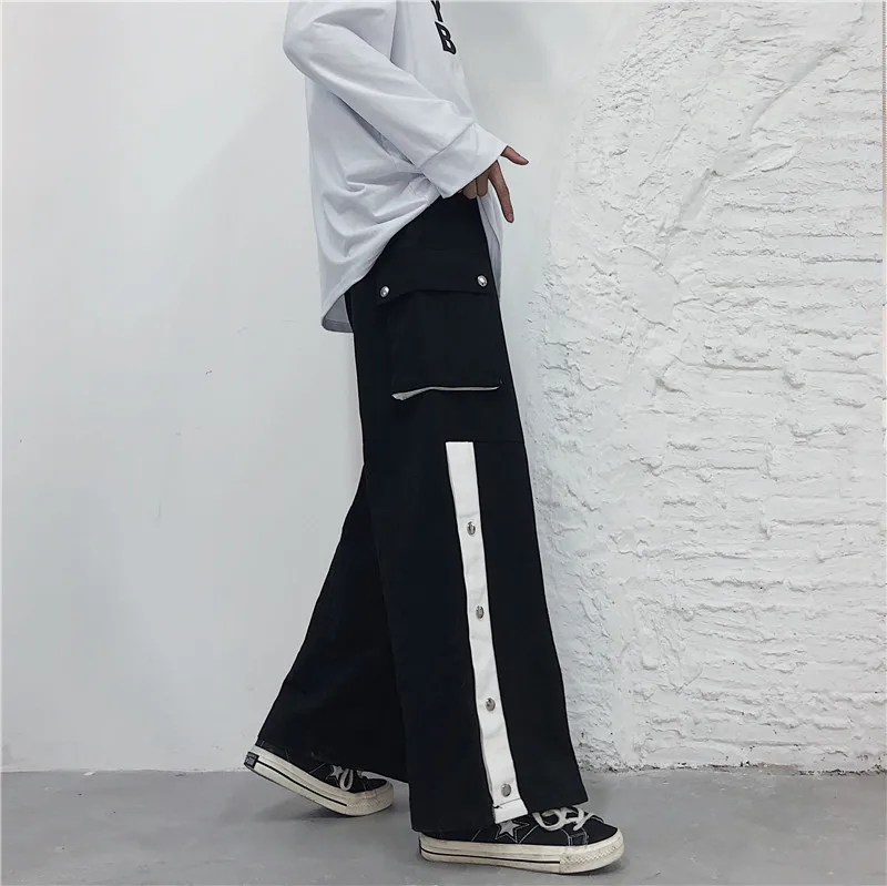 

Harajuku Straight Wide Leg Cargo Pants Women Clothes Korean High Waist Patchwork Button Pocket Casual Trousers Hipster Capris