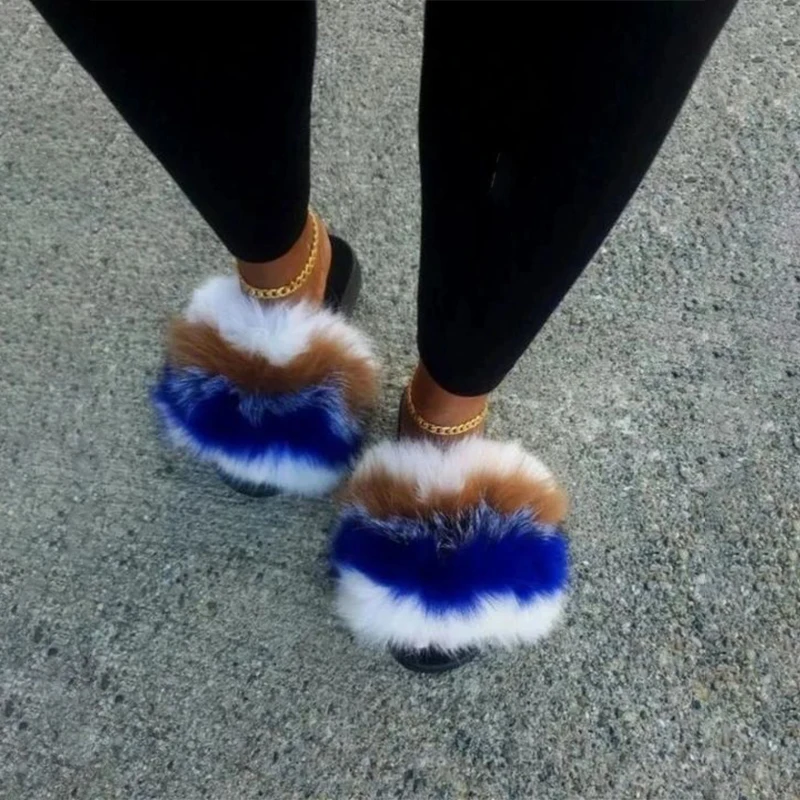 Real Fox Fur Slides Extra Fluffy Luxury Sandals Rainbow Comfortable Flip Flops Fuzzy Furry Falts Slippers Women Shoes 2020Summer