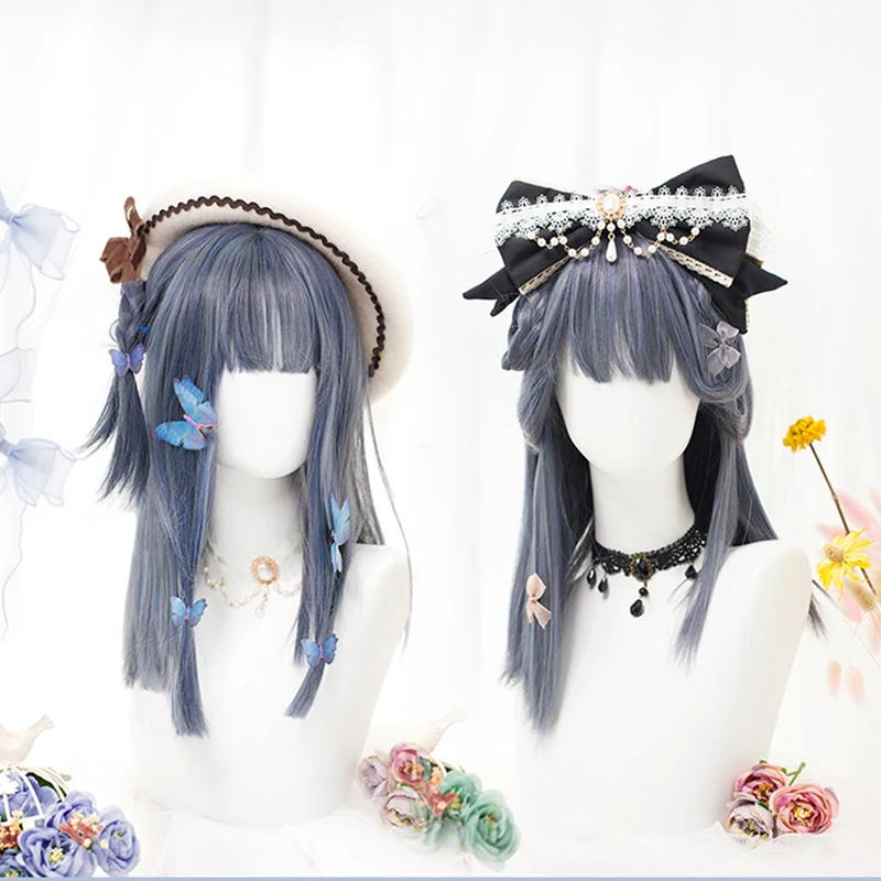 

CTRLALT короткий парик Боб с челкой синтетические парики для женщин прямые туманные синие Черные термостойкие косплей Лолита волосы для вечер...