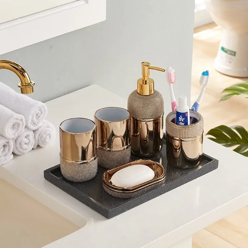 

Resin Bathroom Set Toothbrush Holder Pump Soap Dispenser Dish Couple Cup Wedding Present Sanitary Ware Nordic Style Rose Gold