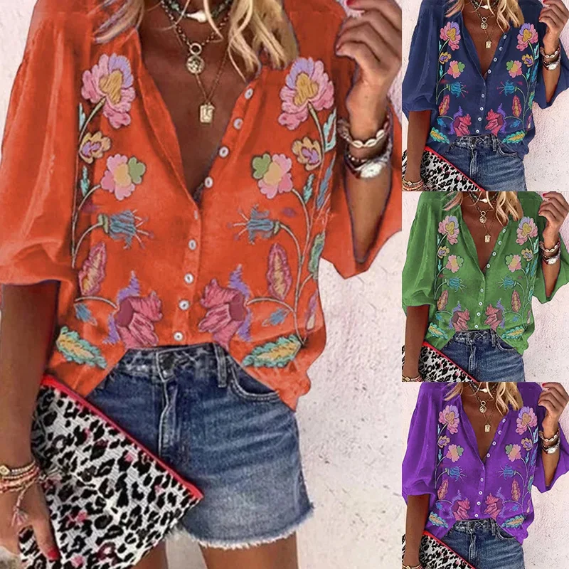 

Women's Summer New Loose Printed Shirt Top Purple Green Orange and Blue Turn-down Collar Blouse