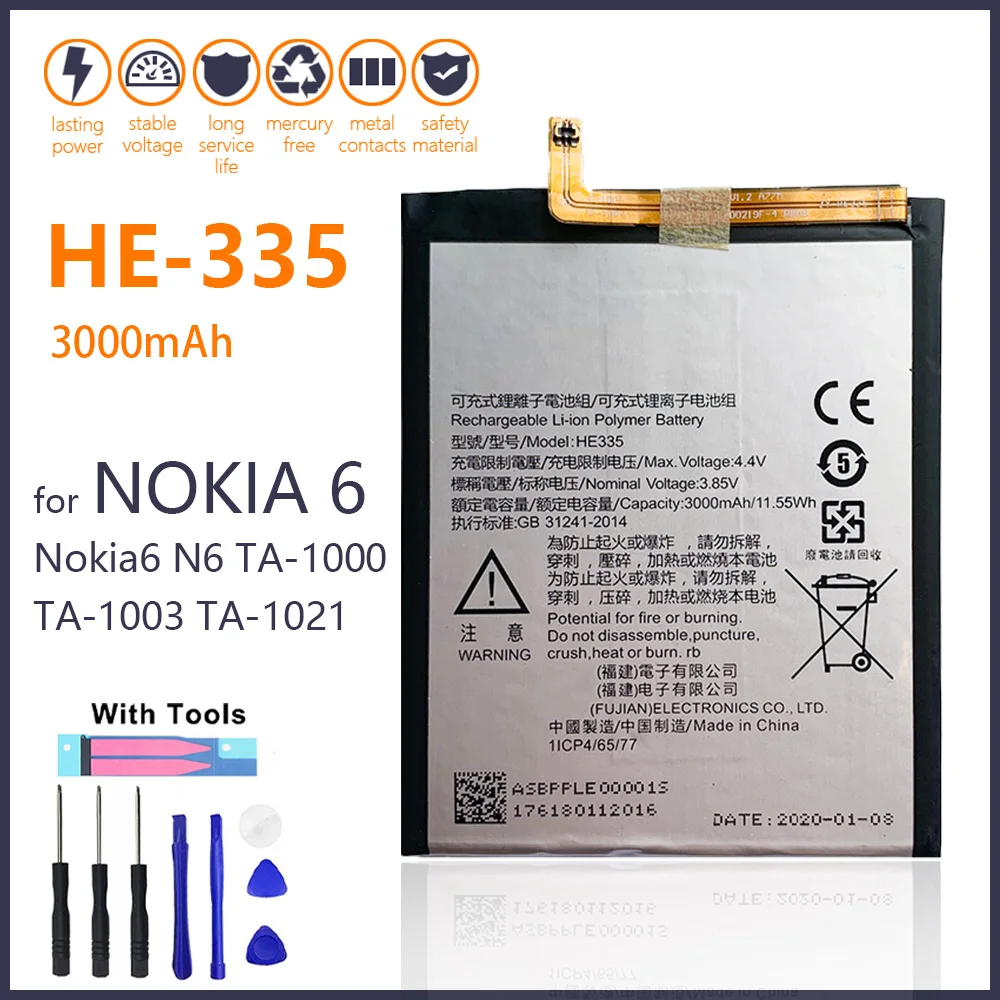 100% реальный 3000mAh HE335 HE-335 для Nokia 6 Nokia6 N6 TA-1000 TA-1003 TA-1021 TA-1025 TA-1033 TA-1039 TA- аккумулятор