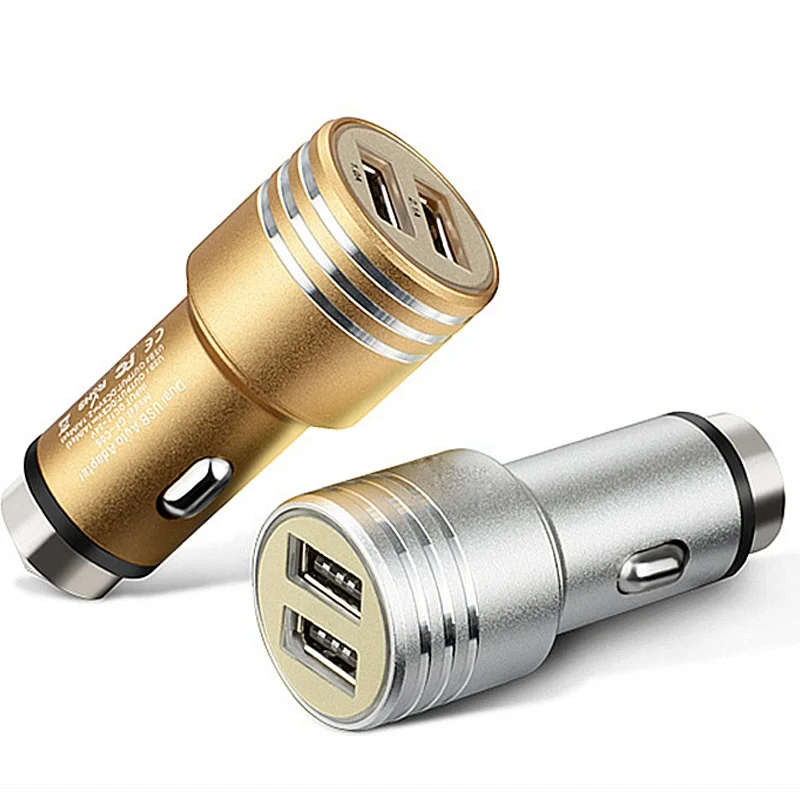

200Pcs/Lot Dual USB Car Charger 2 Ports Adapter with Car Escape Emergency Circular Metal Safety Hammer Function