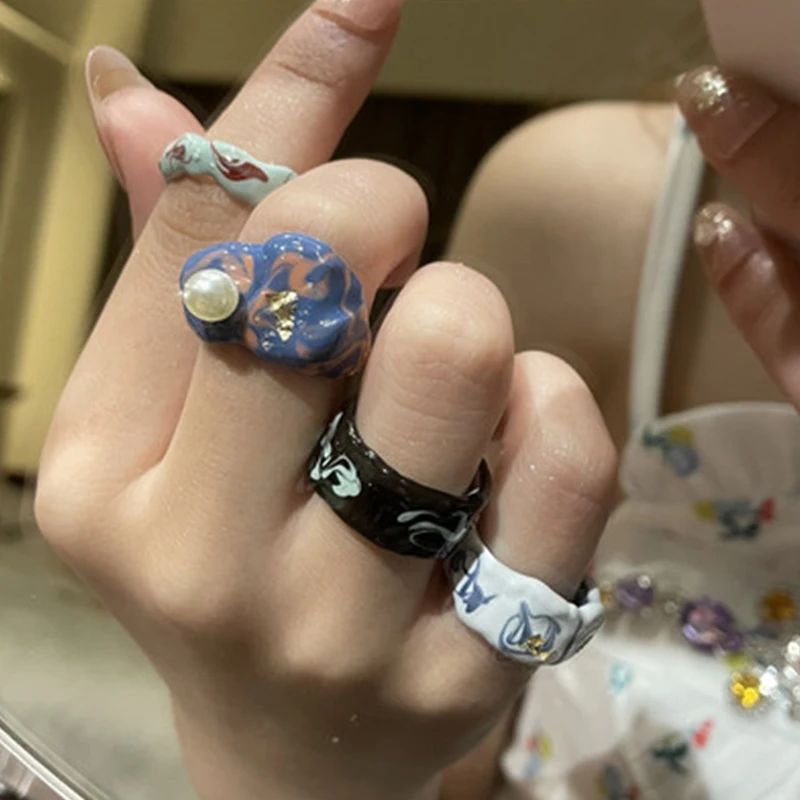 

New Fashion Flower Colorful Dripping Oil Rings For Women Pearl Hand-painted Vintage Open Rings 2021 Trend Women's Party Jewelry