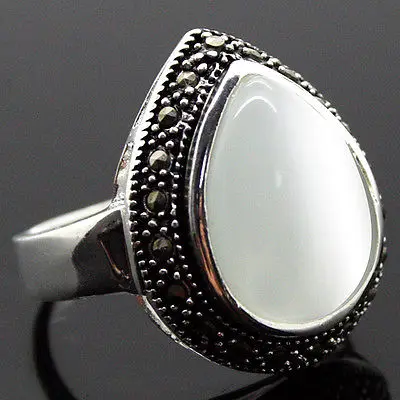 

wholesale good 25*20mm man/woman 925 SILVER NATURAL WHITE OPAL MARCASITE DROP RING SIZE 7/8/9/10 gift