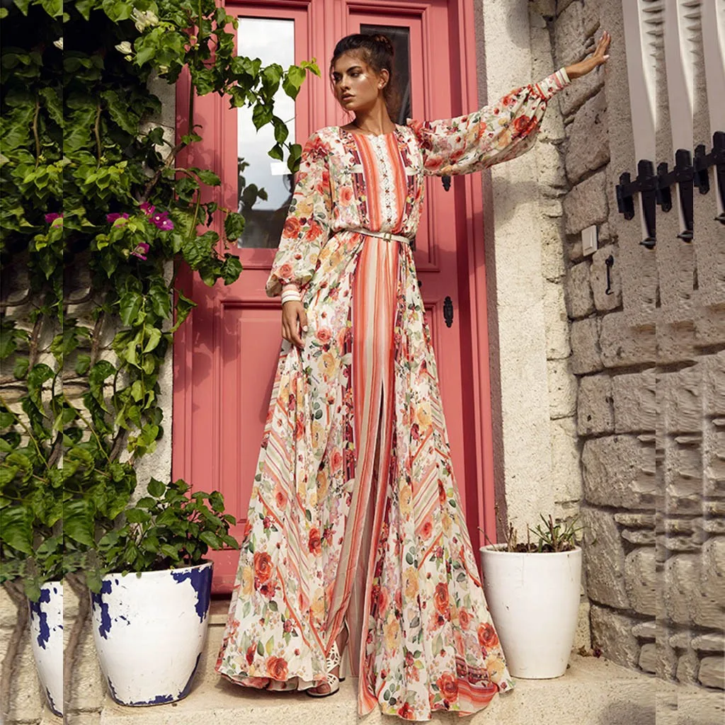 Модное богемное платье с длинным рукавом круглым вырезом кружевом и панельным