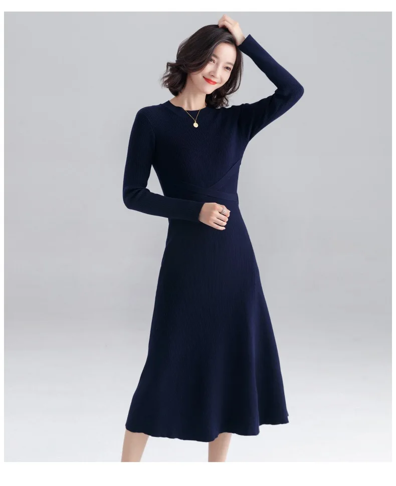 INNASOFAN knitted dress women Autumn Winter long-sleeved dress Euro-American fashion chic dress solid color