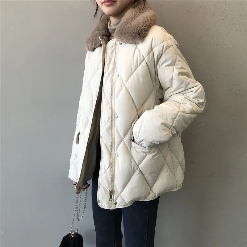 

Женский пуховик на молнии, однотонная парка с воротником из искусственного кроличьего меха, длинным рукавом и отложным воротником, верхняя одежда, осень-зима 2021