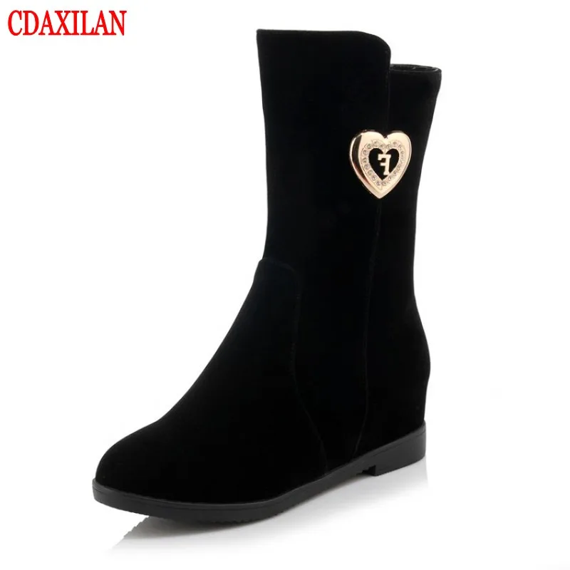 

CDAXILAN new arrivals women's Mid-calf boots velvet fabric increase within wedge heel flat bottom side zipper short plush boots