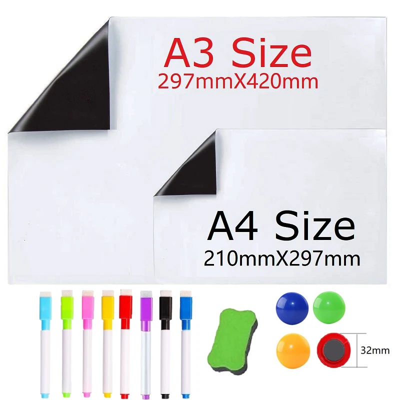 

A4+A3 Magnetic Dry Erase Whiteboard for Fridge Sticker Magnetic White Board Marker Pens Weekly Planner Erase Board Office Board