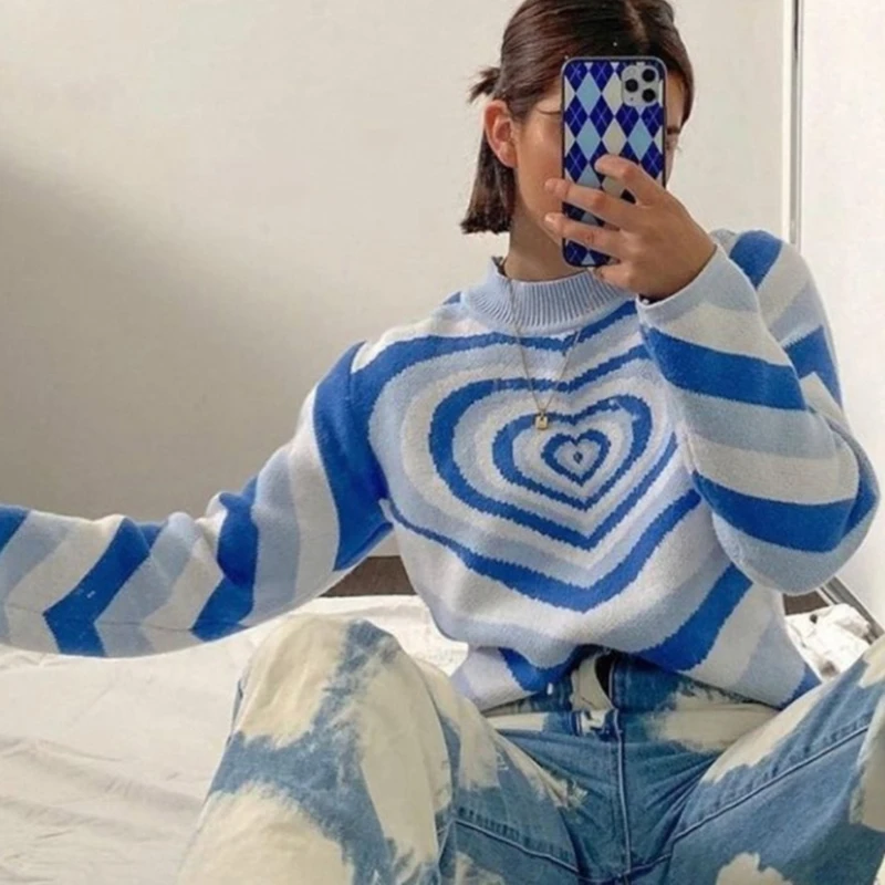 

Knitted Sweater Heart Striped Pullovers Sweater Girls Sweet Long Sleeve Turtleneck Jumper Autumn Streetwear