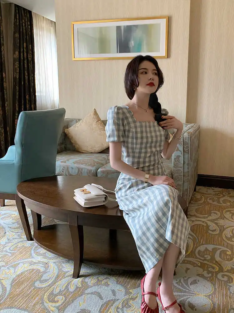 

Women Summer Retro Plaid Short Sleeve Dress