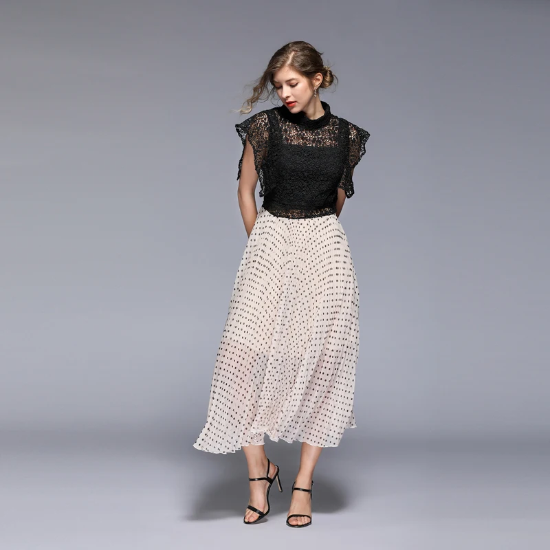 Женское винтажное платье в горошек черное кружевное с круглым вырезом