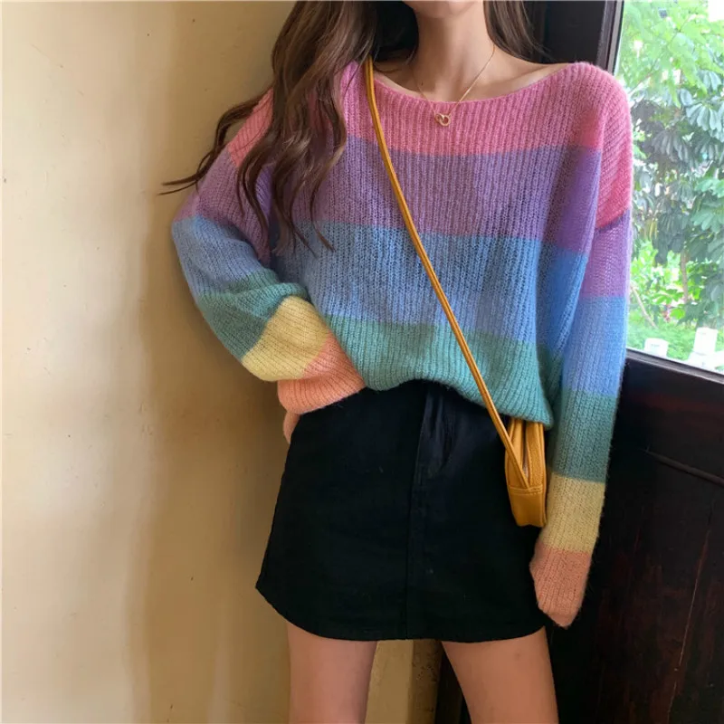 

New Korean fashion loose Rainbow Stripe Pullover thin sweater