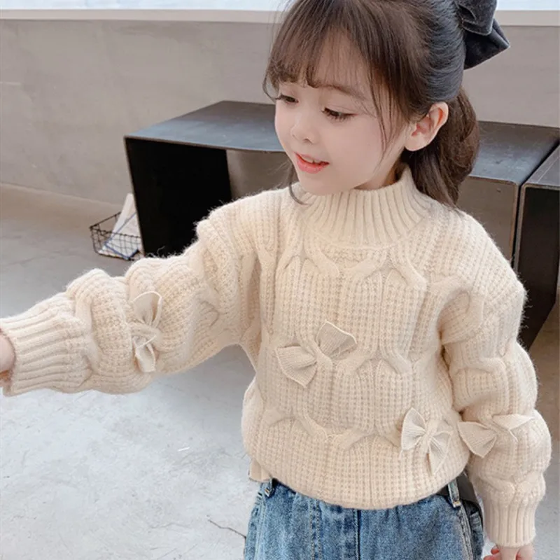 

Cute Bow Pullover Knitting Kids Sweaters Spring Winter Baby Girls Warm Tops Bottoming Children Clothes High Quality