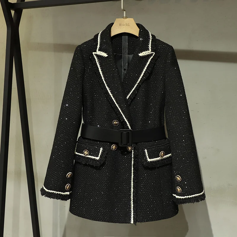 

2021 New Elegant Fashion Black Wool Suit Jacket Autumn Winter Women Tassel Tweed Coat Female Casual Outerwear With Belt