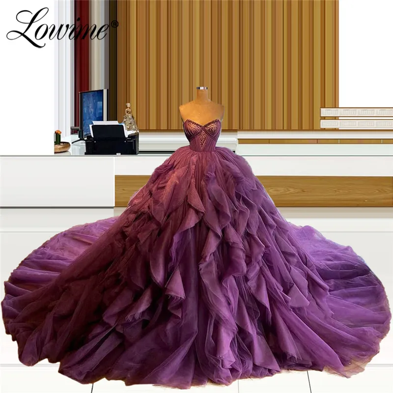 Puffy Long Ruffles Tiered Prom Dresses Purple Saudi Arabia Aibye Celebrity Dress Evening Gowns 2021 Plus Party Dress Vestidos