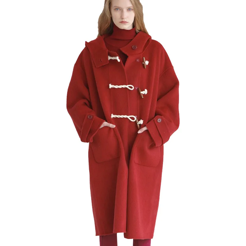 

Wool Reversible Woolen Coat Winter Lightly Mature Horn Button College Woolen Coat for Women