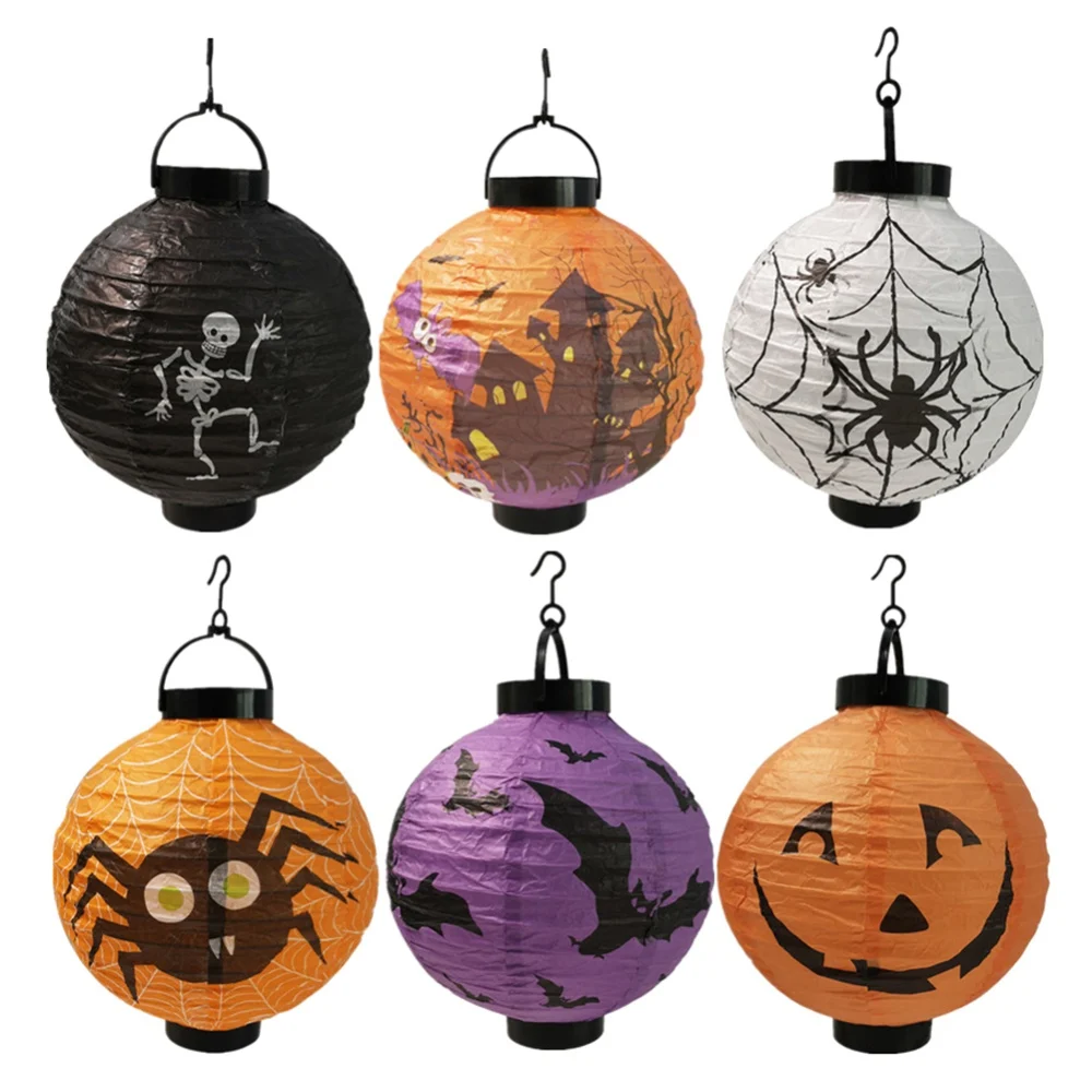 

Newest 6Pcs 8 inches Halloween Paper Lanterns With LED Light Pumpkin Spiders Skeleton Glow Horror Parties