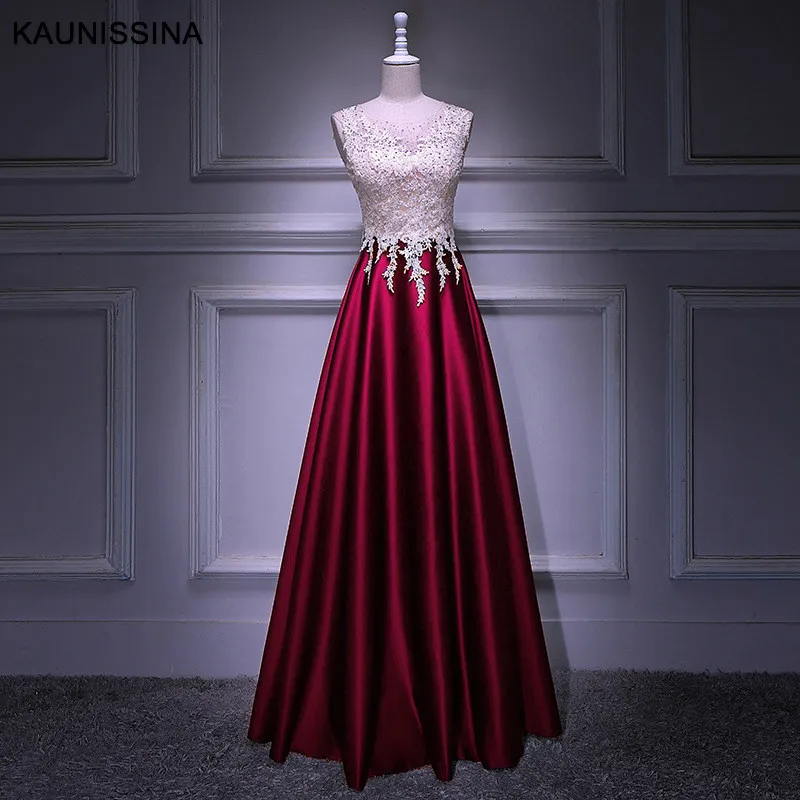 Long Wine Red KAUNISSINA, женское вечернее платье для церемонии, длинное платье, круглый вырез, кружево, атлас, бисер, длина до пола, платье для выпускного вечера, настоящая фотография, Vestido - Цвет: Long Wine Red