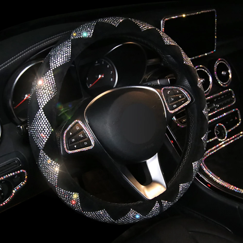 

LEEPEE 38cm Car Steering Wheel Covers Universal Auto Interior Decorations Plush Colorful Rhinestone Covered Car-styling