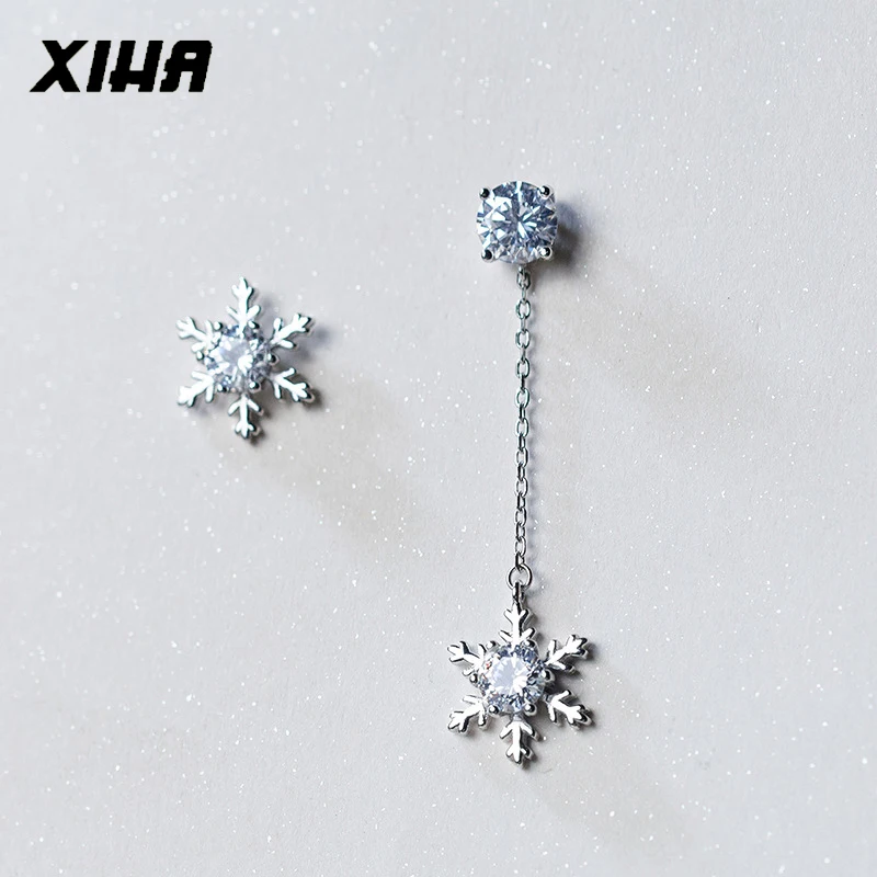 XIHA Аутентичные 925 пробы серебряные серьги-гвоздики для женщин Снежинка асимметричные серьги кубический цирконий модные рождественские ювелирные изделия