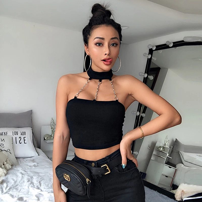 

Sexy Casual Backless Halter Tank Top Summer Bustier Cropped Vest Tee Shirt Women Hollow Chain Tube Crop Tops