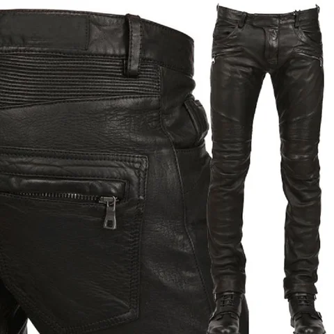 Кожаные брюки, мужские мотоциклетные черные мужские брюки, модные водонепроницаемые байкерские уличные брюки из искусственной кожи для верховой езды