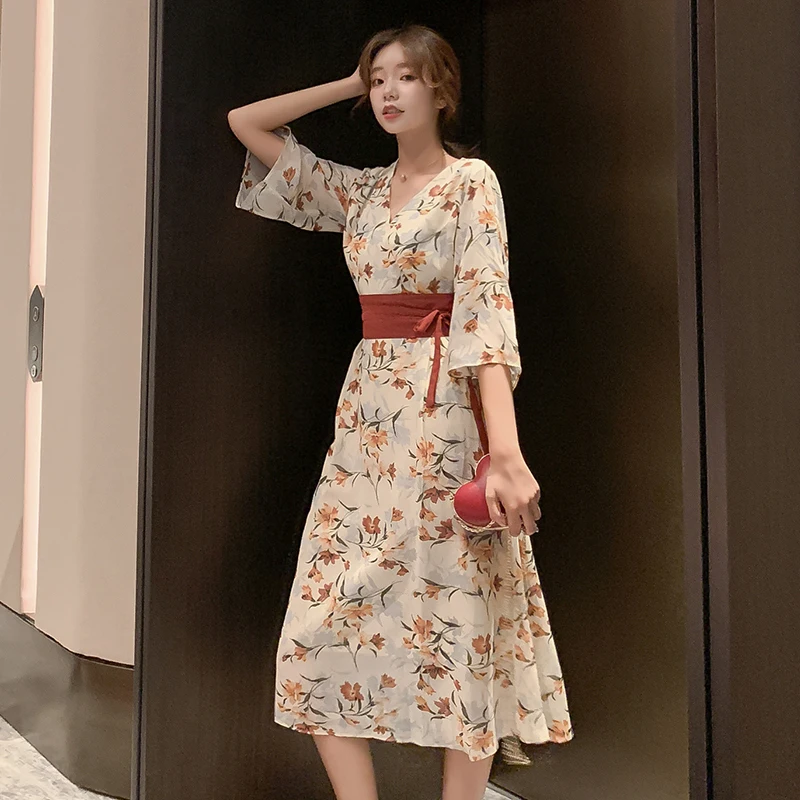 

Women Long Apricot Chiffon Floral Dress Boho Vintage Tropical Beach Vacation Dresses Summer Runway Elegant Korean Party Dress